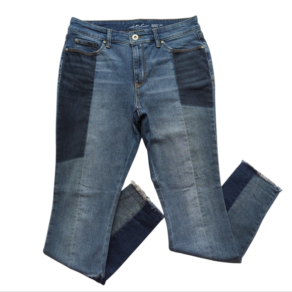 INC International Concepts Denim - INC Patchwork Regular Fit Skinny Leg Raw Hem Distressed Denim Jeans 8 Blue